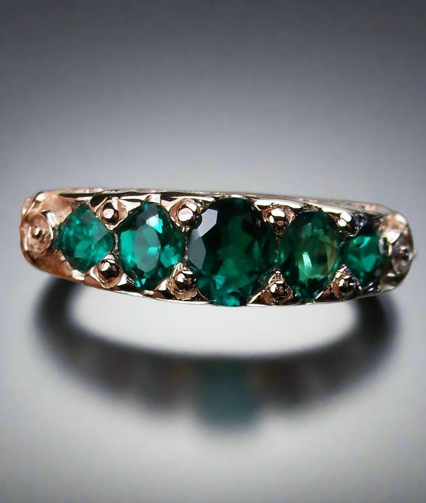 Natural Green Emerald Ring, 5-gem Georgian Rose Gold plated over sterling silver, Victorian Jewelry, Silver Embrace Jewelry, Vintage Ring, D19 Georgian