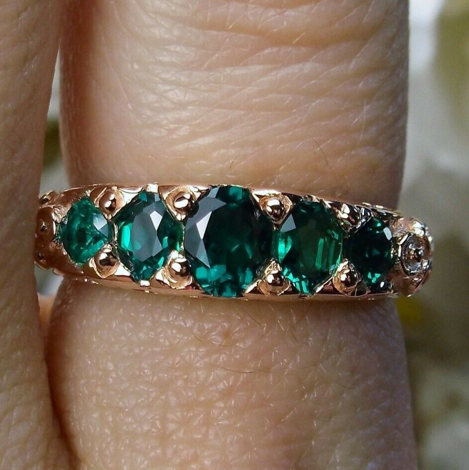 Natural Green Emerald Ring, 5-gem Georgian Rose Gold plated over sterling silver, Victorian Jewelry, Silver Embrace Jewelry, Vintage Ring, D19 Georgian