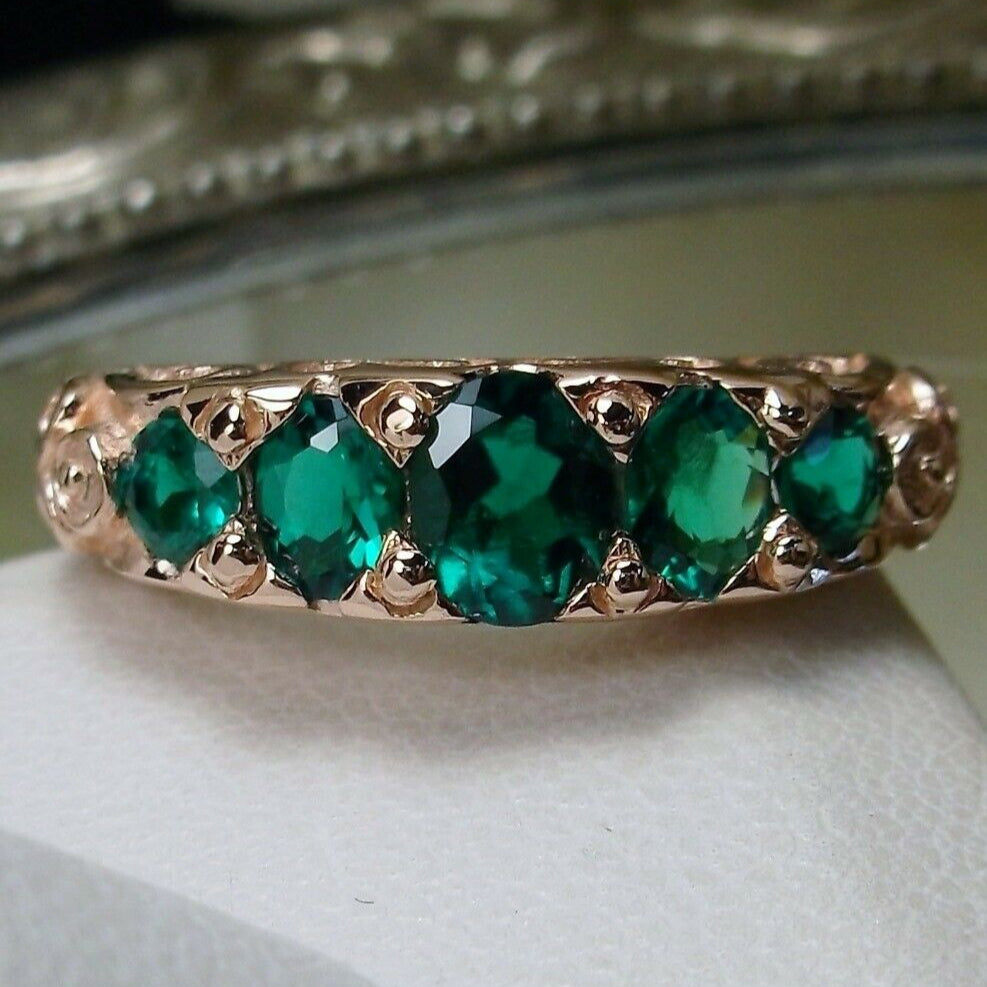 Natural Green Emerald Ring, 5-gem Georgian Rose Gold plated over sterling silver, Victorian Jewelry, Silver Embrace Jewelry, Vintage Ring, D19 Georgian