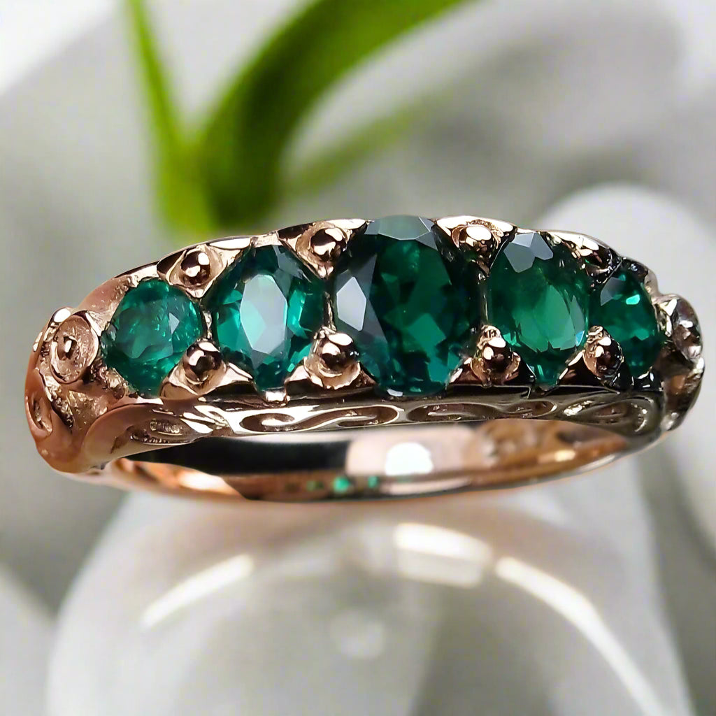 Natural Green Emerald Ring, 5-gem Georgian Rose Gold plated over sterling silver, Victorian Jewelry, Silver Embrace Jewelry, Vintage Ring, D19 Georgian