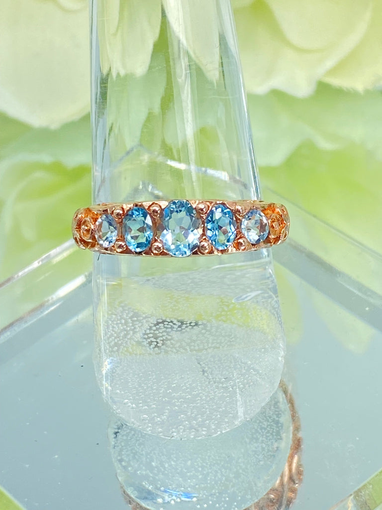 Natural Sky Blue Topaz Ring, 5-gem Georgian Rose Gold plated over sterling silver, Victorian Jewelry, Silver Embrace Jewelry, Vintage Ring, D19 Georgian