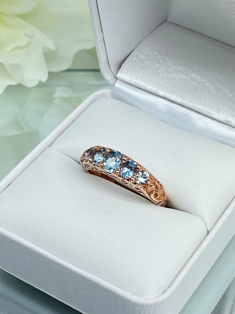 Natural Sky Blue Topaz Ring, 5-gem Georgian Rose Gold plated over sterling silver, Victorian Jewelry, Silver Embrace Jewelry, Vintage Ring, D19 Georgian