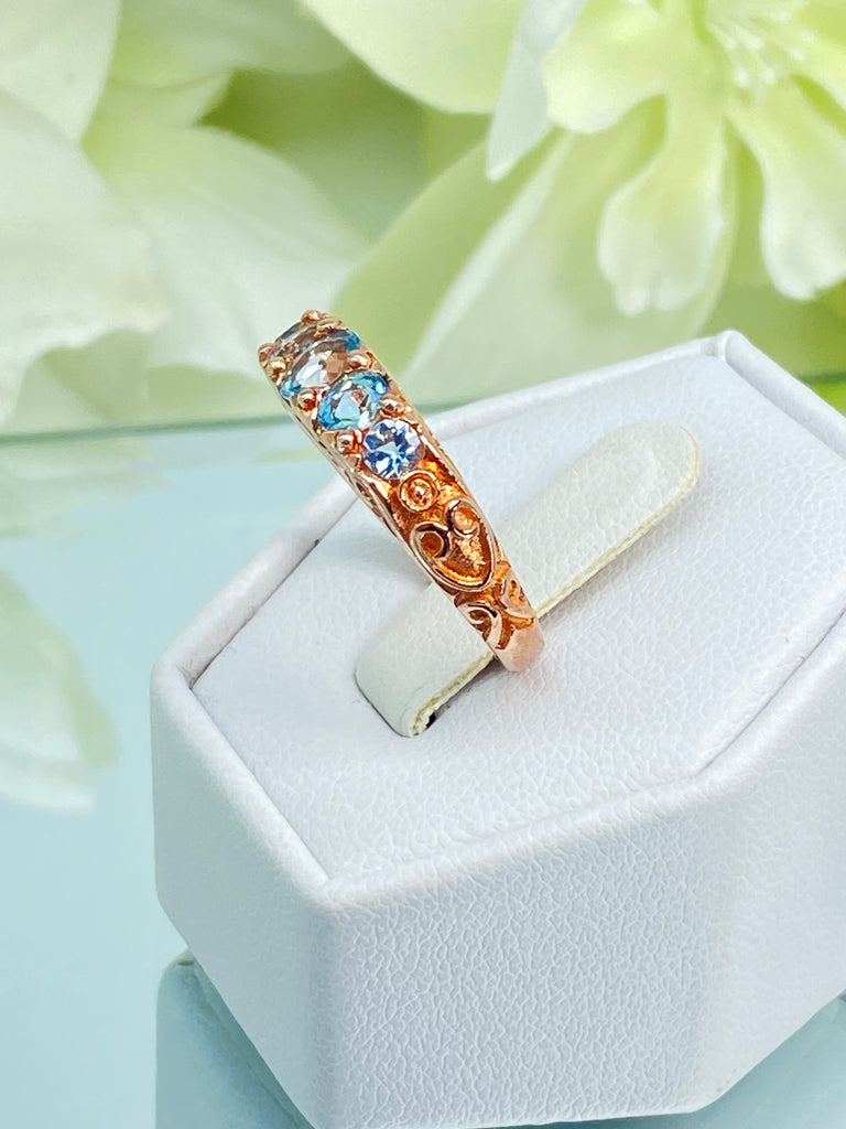 Natural Sky Blue Topaz Ring, 5-gem Georgian Rose Gold plated over sterling silver, Victorian Jewelry, Silver Embrace Jewelry, Vintage Ring, D19 Georgian