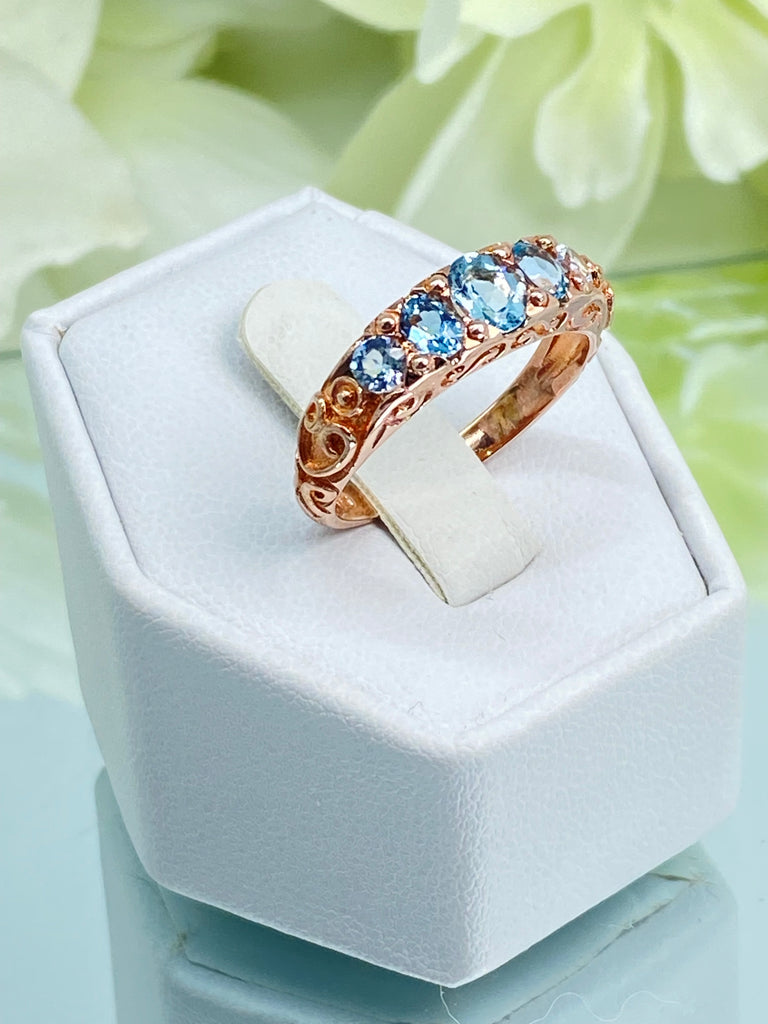 Natural Sky Blue Topaz Ring, 5-gem Georgian Rose Gold plated over sterling silver, Victorian Jewelry, Silver Embrace Jewelry, Vintage Ring, D19 Georgian