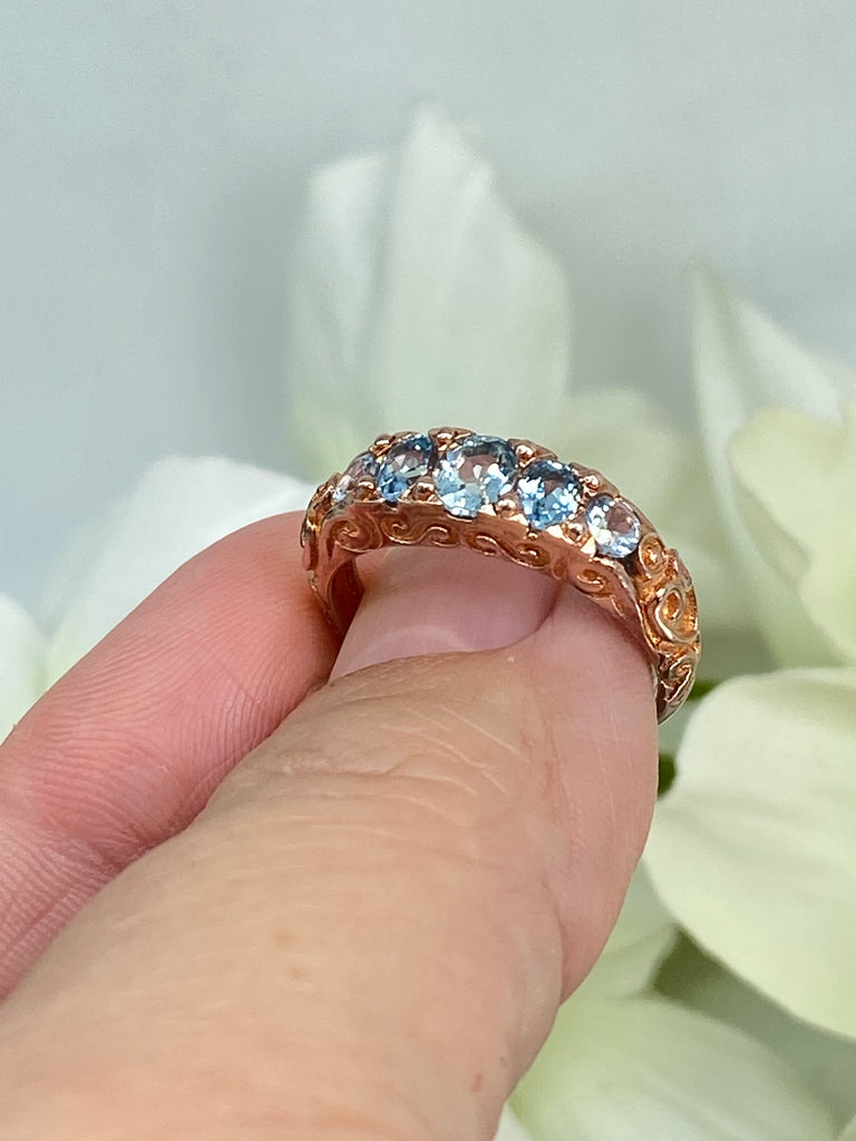 Natural Sky Blue Topaz Ring, 5-gem Georgian Rose Gold plated over sterling silver, Victorian Jewelry, Silver Embrace Jewelry, Vintage Ring, D19 Georgian