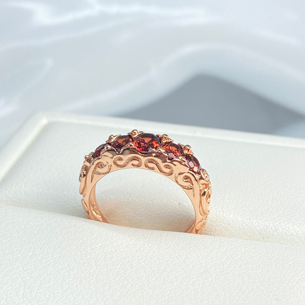 Natural Red Garnet Ring, 5-gem Georgian Rose Gold plated over sterling silver, Victorian Jewelry, Silver Embrace Jewelry, Vintage Ring, D19 Georgian