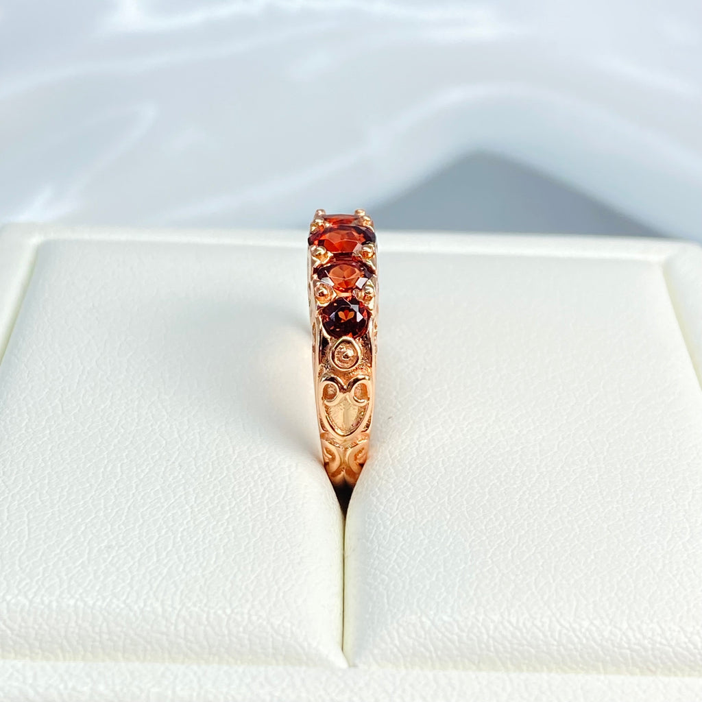 Natural Red Garnet Ring, 5-gem Georgian Rose Gold plated over sterling silver, Victorian Jewelry, Silver Embrace Jewelry, Vintage Ring, D19 Georgian