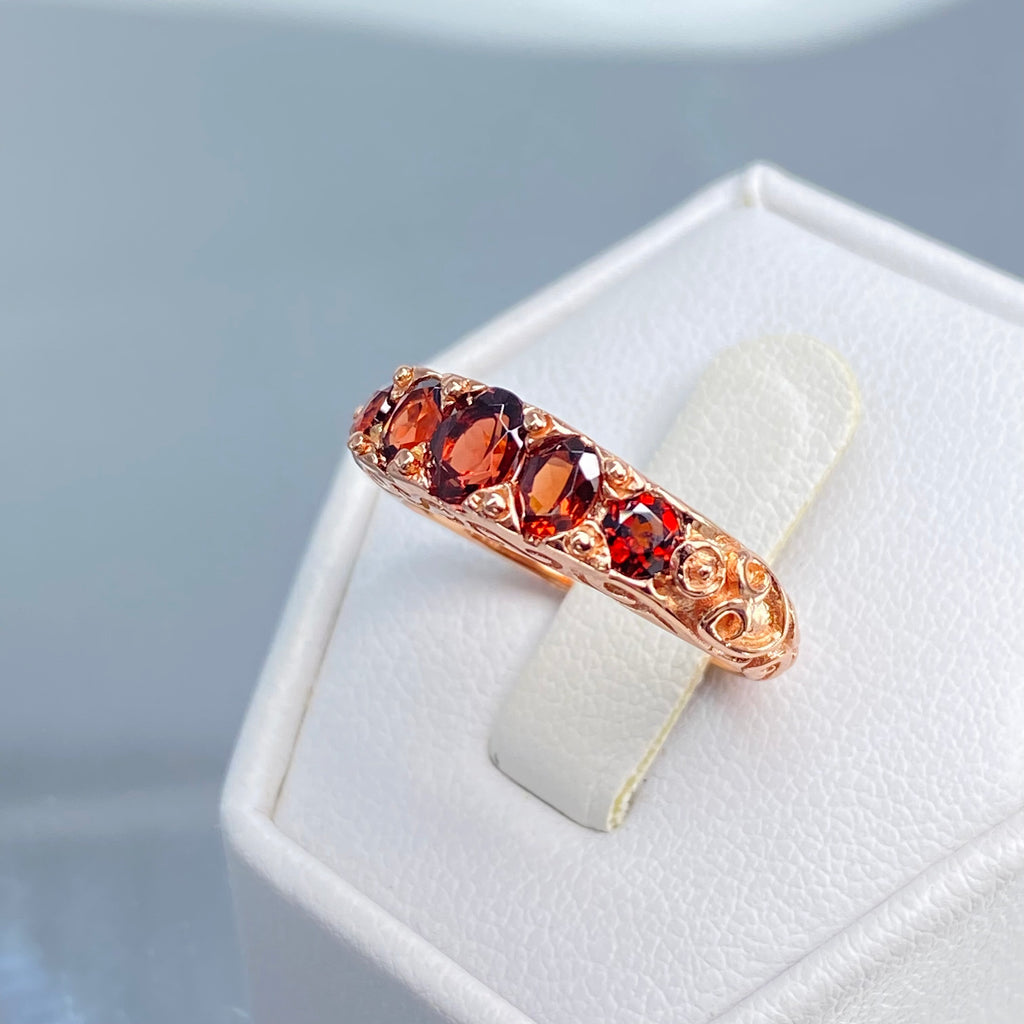 Natural Red Garnet Ring, 5-gem Georgian Rose Gold plated over sterling silver, Victorian Jewelry, Silver Embrace Jewelry, Vintage Ring, D19 Georgian