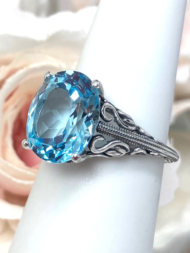 Natural Blue Topaz Ring, Swan Sterling silver Filigree, vintage Art deco Jewelry, D190 Swan Ring