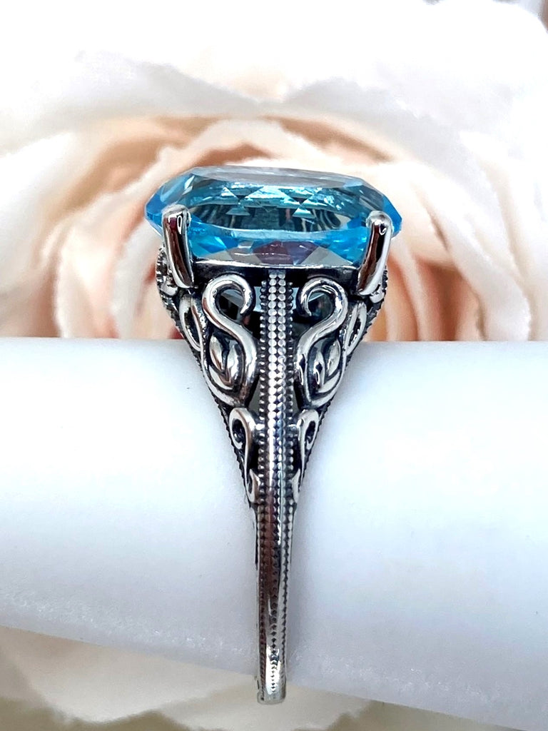 Natural Blue Topaz Ring, Swan Sterling silver Filigree, vintage Art deco Jewelry, D190 Swan Ring