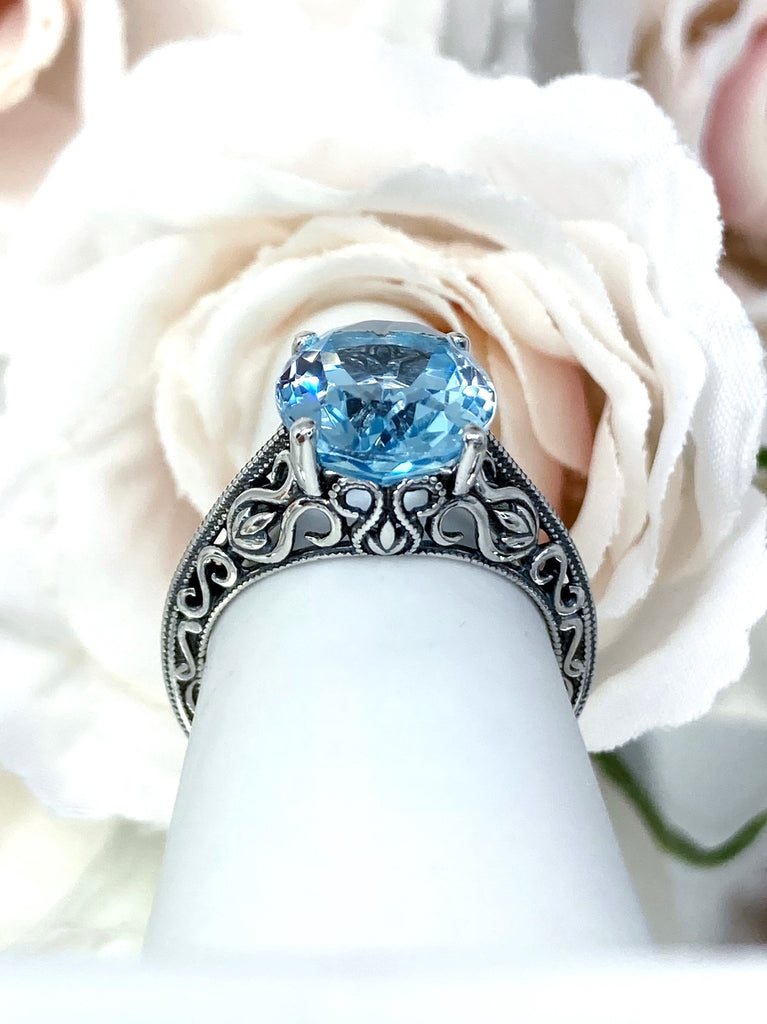 Natural Blue Topaz Ring, Swan Sterling silver Filigree, vintage Art deco Jewelry, D190 Swan Ring