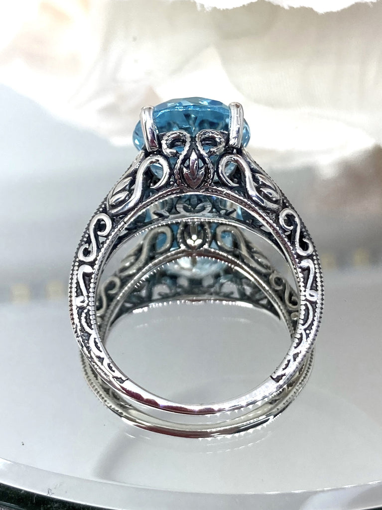 Natural Blue Topaz Ring, Swan Sterling silver Filigree, vintage Art deco Jewelry, D190 Swan Ring