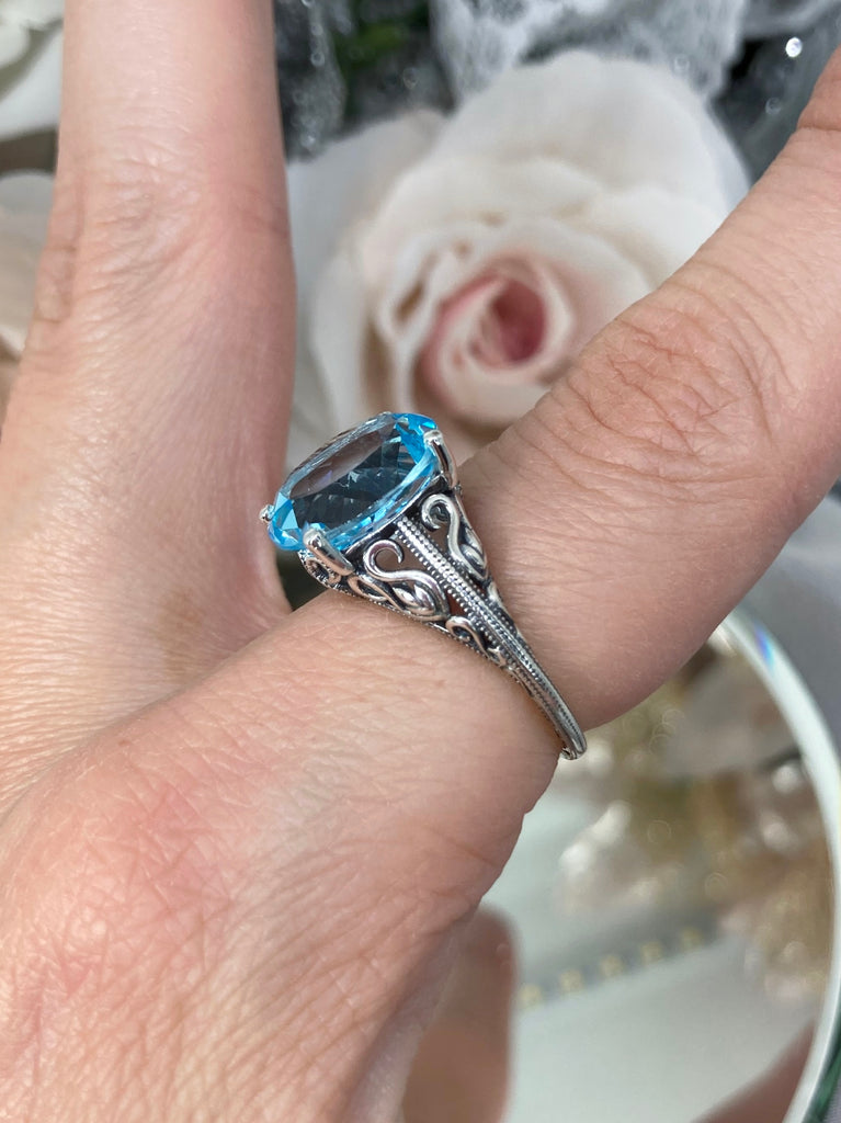 Natural Blue Topaz Ring, Swan Sterling silver Filigree, vintage Art deco Jewelry, D190 Swan Ring