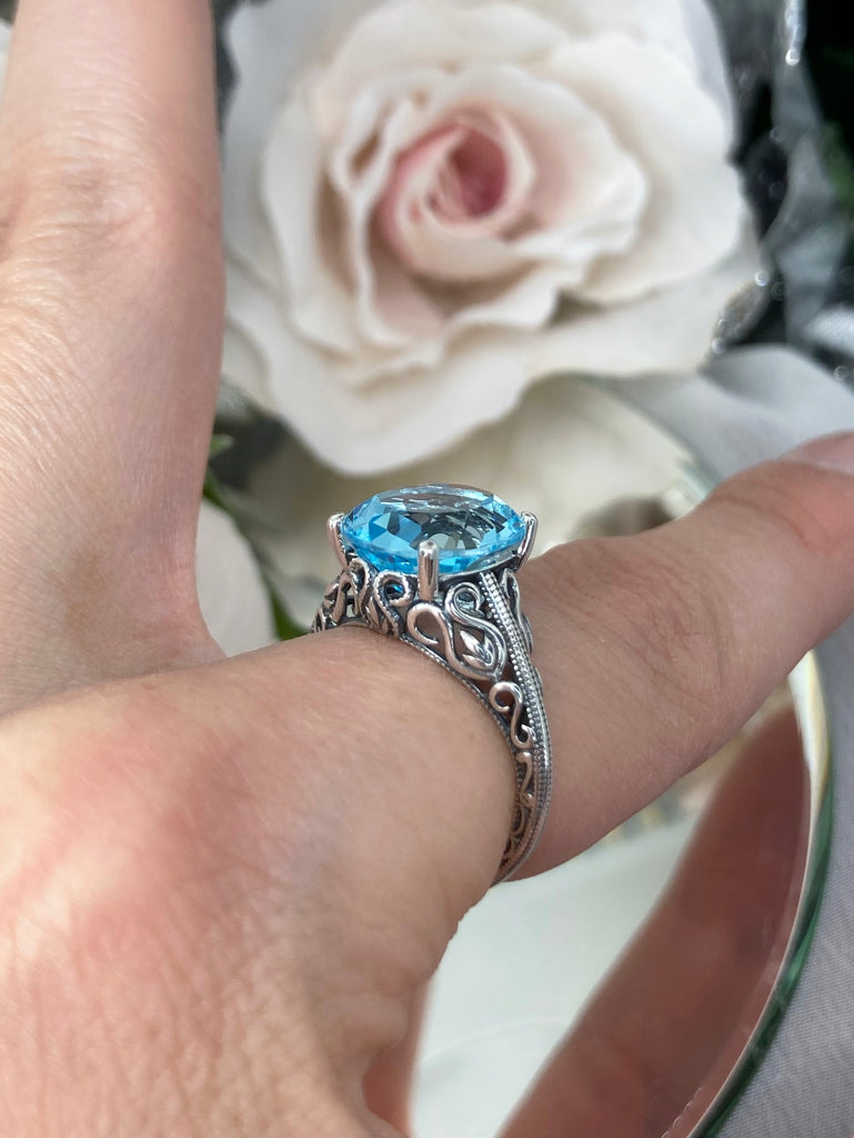 Natural Blue Topaz Ring, Swan Sterling silver Filigree, vintage Art deco Jewelry, D190 Swan Ring