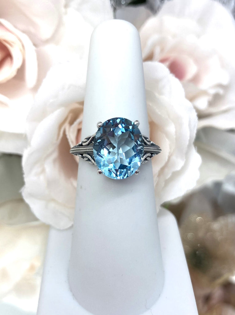 Natural Blue Topaz Ring, Swan Sterling silver Filigree, vintage Art deco Jewelry, D190 Swan Ring