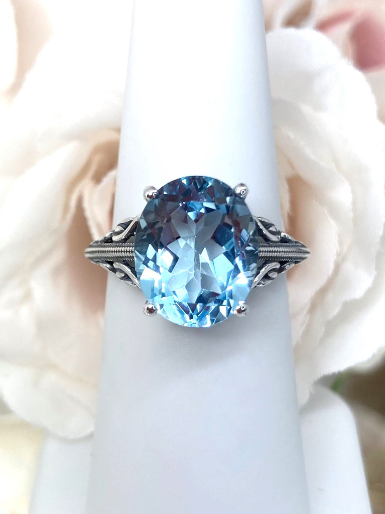 Natural Blue Topaz Ring, Swan Sterling silver Filigree, vintage Art deco Jewelry, D190 Swan Ring