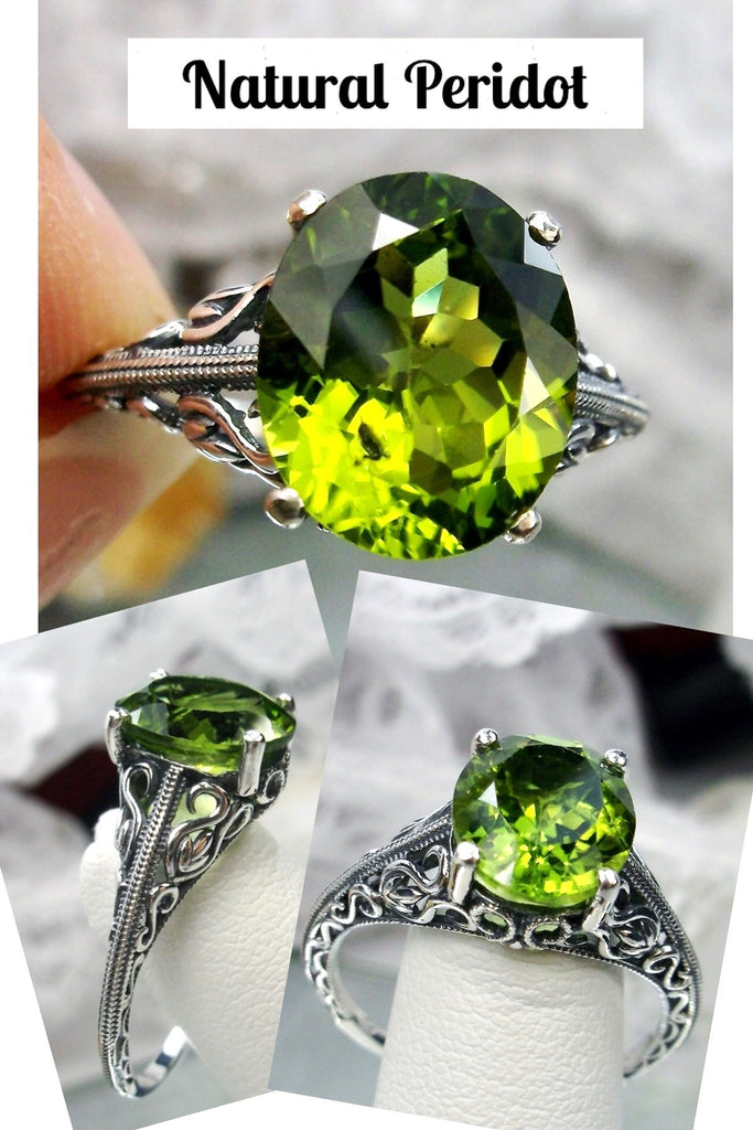 Natural Peridot Ring, Green Peridot Gemstone, Sterling Silver Swan Filigree, Art Deco Jewelry, Vintage Style, D190