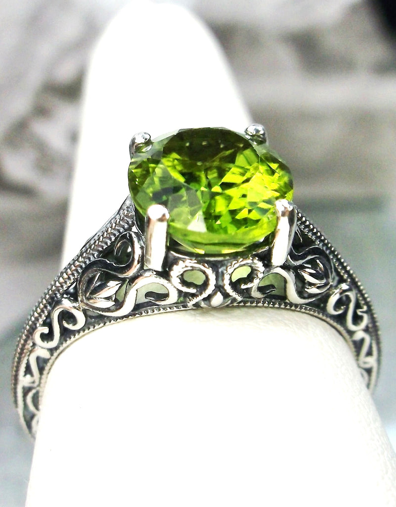 Natural Peridot Ring, Green Peridot Gemstone, Sterling Silver Swan Filigree, Art Deco Jewelry, Vintage Style, D190