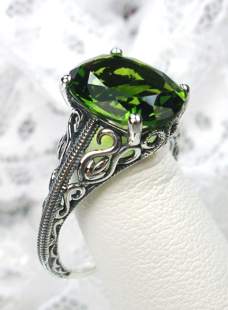 Natural Peridot Ring, Green Peridot Gemstone, Sterling Silver Swan Filigree, Art Deco Jewelry, Vintage Style, D190