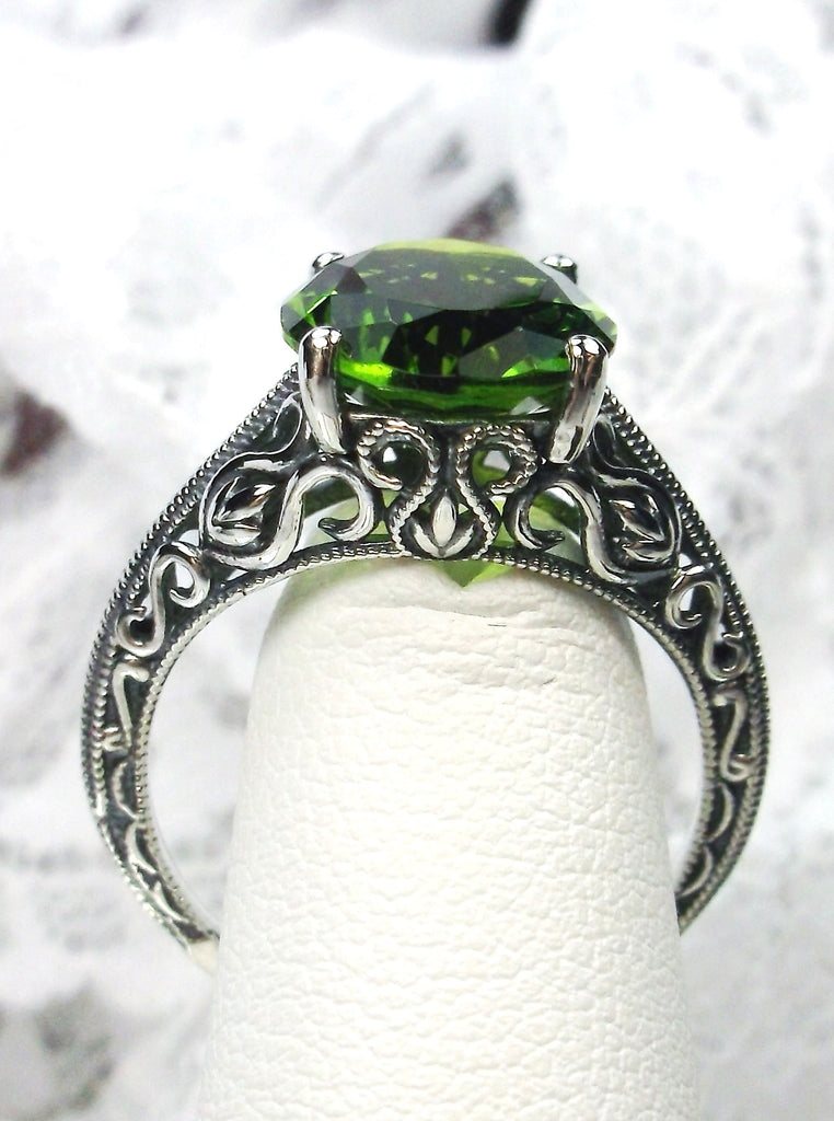 Natural Peridot Ring, Green Peridot Gemstone, Sterling Silver Swan Filigree, Art Deco Jewelry, Vintage Style, D190