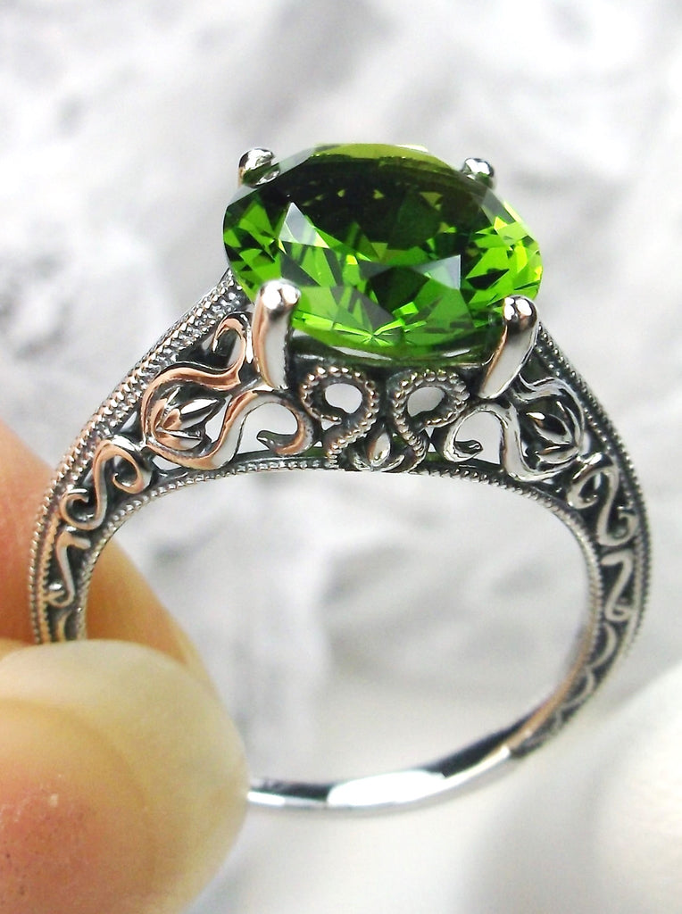 Natural Peridot Ring, Green Peridot Gemstone, Sterling Silver Swan Filigree, Art Deco Jewelry, Vintage Style, D190