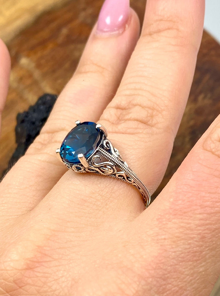 Natural London blue topaz Ring, Swan Filigree, Sterling Silver Jewelry, Vintage Art deco Style, D190, Swan Ring