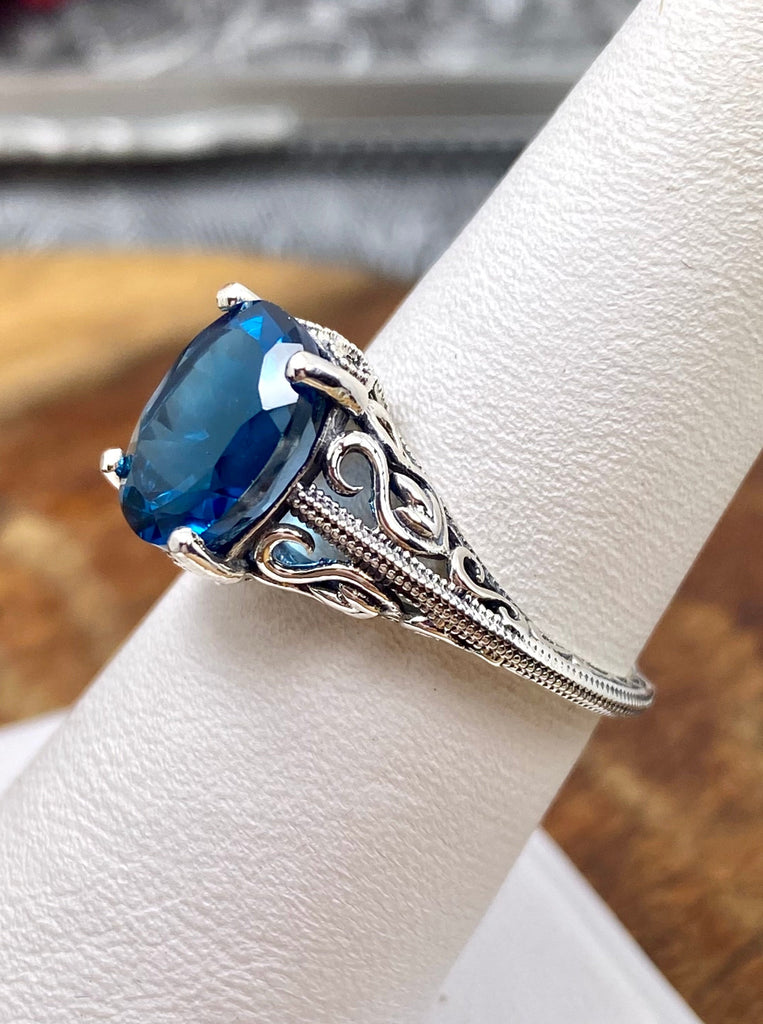 Natural London blue topaz Ring, Swan Filigree, Sterling Silver Jewelry, Vintage Art deco Style, D190, Swan Ring