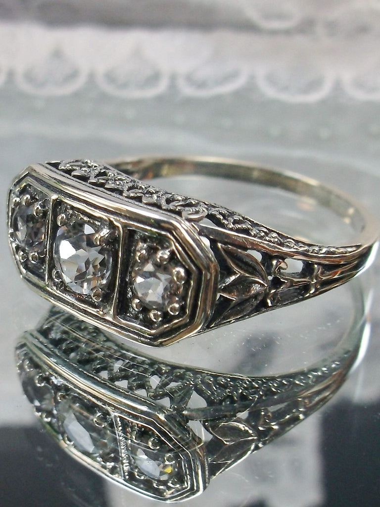 Natural White Topaz Ring, 3stone, Triple gem, Lily Filigree, Edwardian Jewelry, Silver Embrace Jewelry