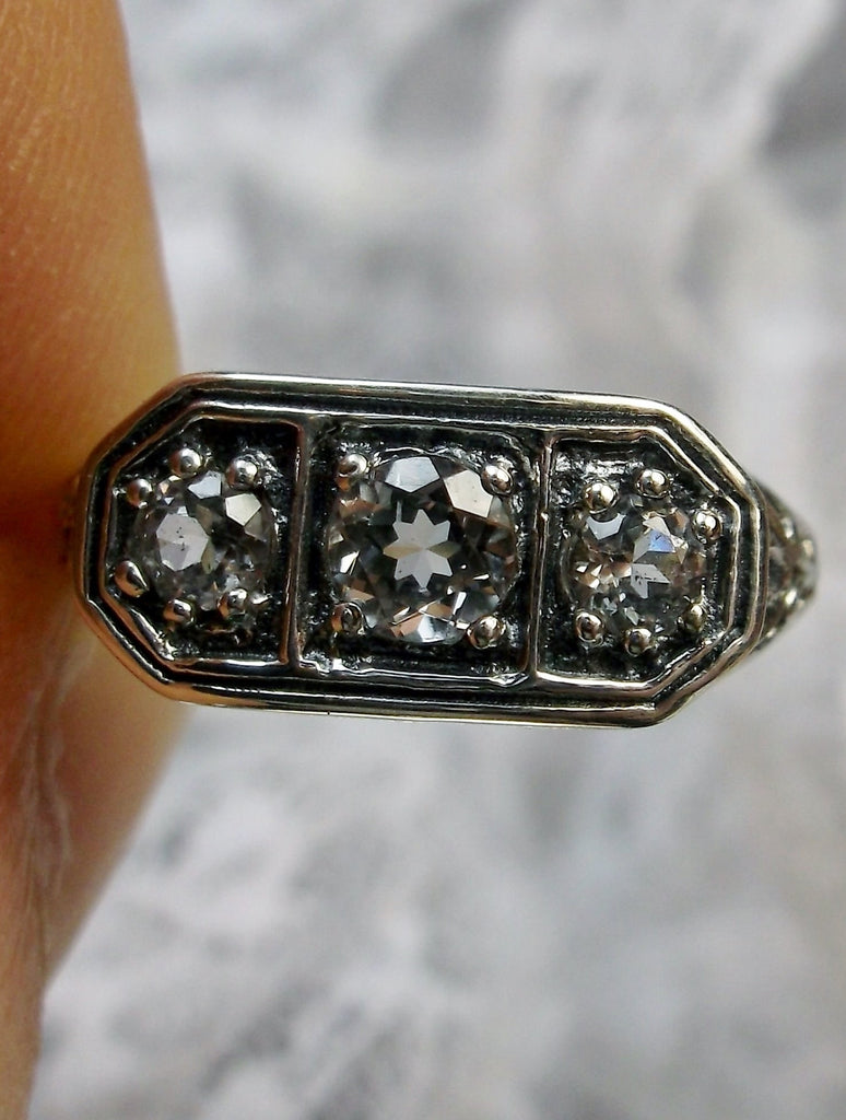 Natural White Topaz Ring, 3stone, Triple gem, Lily Filigree, Edwardian Jewelry, Silver Embrace Jewelry