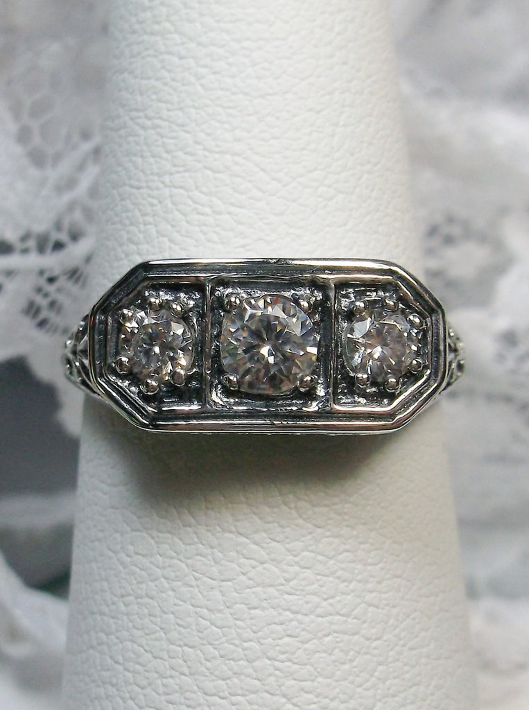 White CZ Ring, 3stone, Triple gem, Lily Filigree, Edwardian Jewelry, Silver Embrace Jewelry