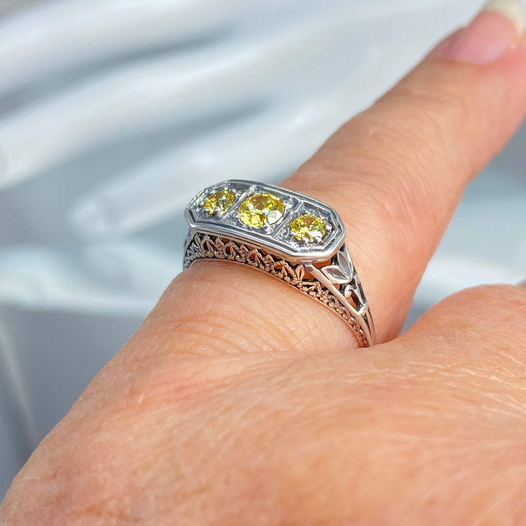 Yellow Citrine ring, Yellow CZ, Sterling Silver Lily Filigree, Victorian style, Silver Embrace Jewelry, D197, Lily Ring