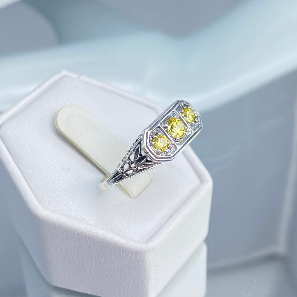 Yellow Citrine ring, Yellow CZ, Sterling Silver Lily Filigree, Victorian style, Silver Embrace Jewelry, D197, Lily Ring