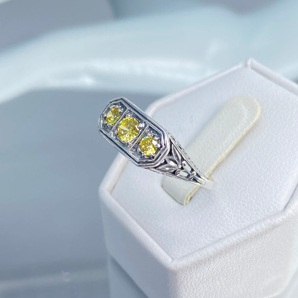 Yellow Citrine ring, Yellow CZ, Sterling Silver Lily Filigree, Victorian style, Silver Embrace Jewelry, D197, Lily Ring