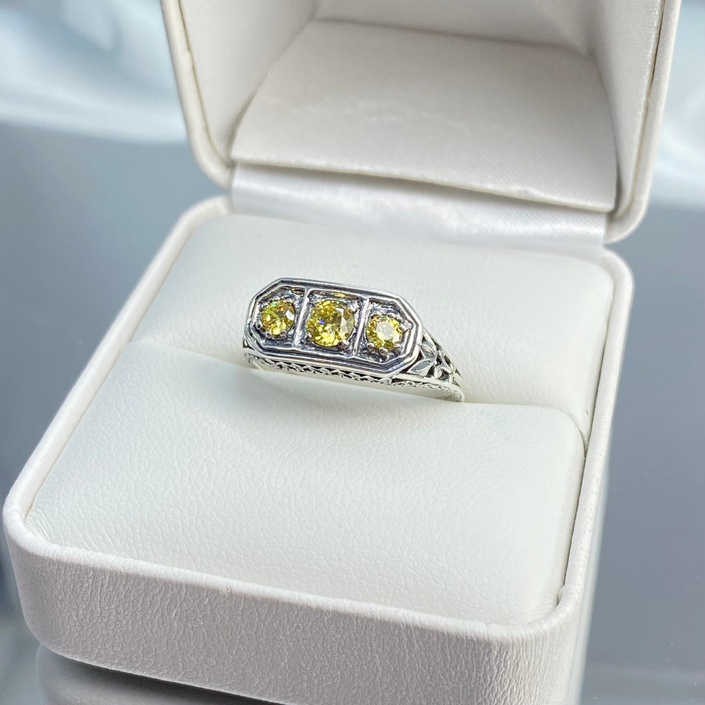 Yellow Citrine ring, Yellow CZ, Sterling Silver Lily Filigree, Victorian style, Silver Embrace Jewelry, D197, Lily Ring