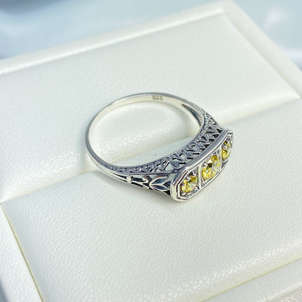 Yellow Citrine ring, Yellow CZ, Sterling Silver Lily Filigree, Victorian style, Silver Embrace Jewelry, D197, Lily Ring