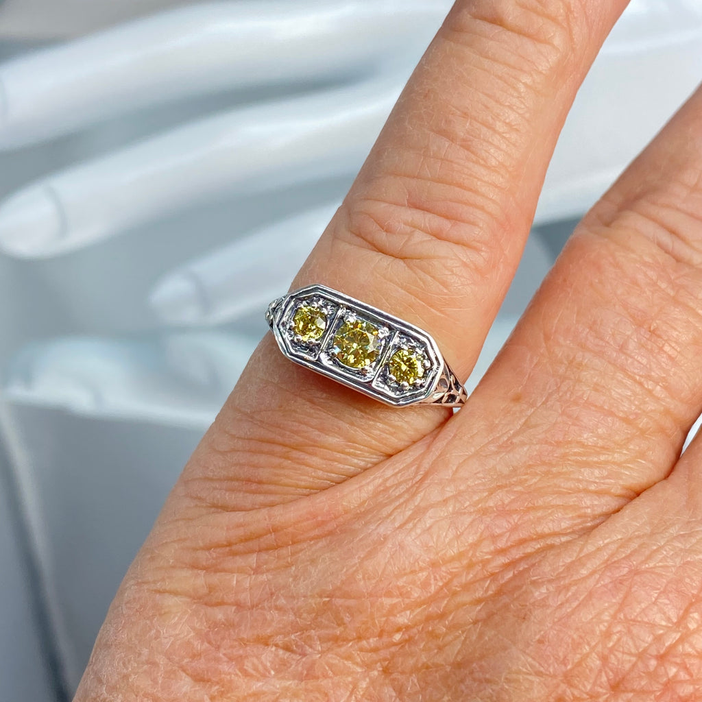 Yellow Citrine ring, Yellow CZ, Sterling Silver Lily Filigree, Victorian style, Silver Embrace Jewelry, D197, Lily Ring