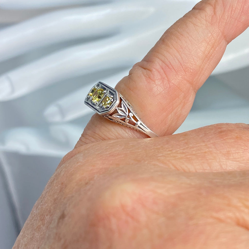 Yellow Citrine ring, Yellow CZ, Sterling Silver Lily Filigree, Victorian style, Silver Embrace Jewelry, D197, Lily Ring