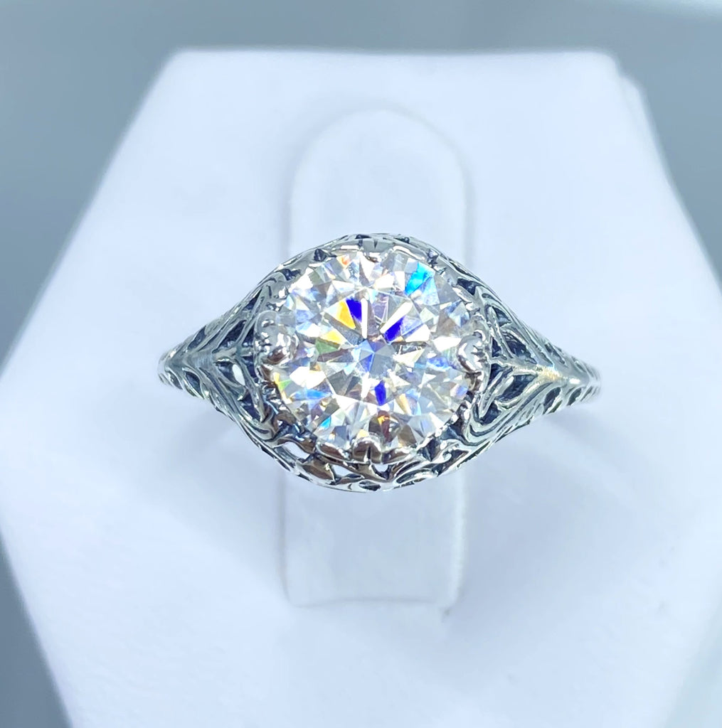 Lab Moissanite Faux diamond ring with swirl antique floral sterling silver filigree, Silver Embrace Jewelry, D198, coffee Ring