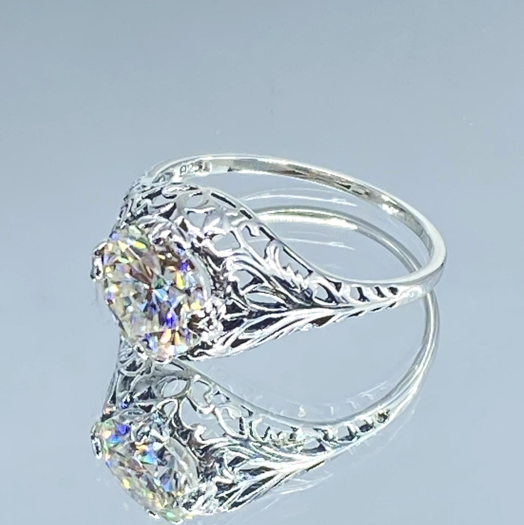 Lab Moissanite Faux diamond ring with swirl antique floral sterling silver filigree, Silver Embrace Jewelry, D198, coffee Ring
