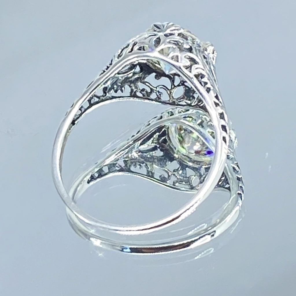 Lab Moissanite Faux diamond ring with swirl antique floral sterling silver filigree, Silver Embrace Jewelry, D198, coffee Ring