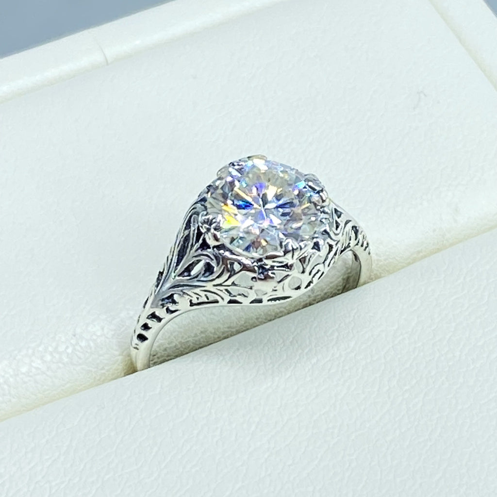 Lab Moissanite Faux diamond ring with swirl antique floral sterling silver filigree, Silver Embrace Jewelry, D198, coffee Ring