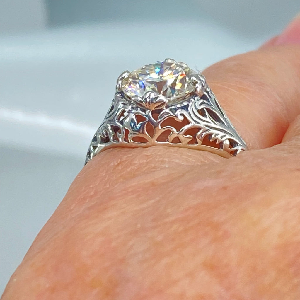 Lab Moissanite Faux diamond ring with swirl antique floral sterling silver filigree, Silver Embrace Jewelry, D198, coffee Ring