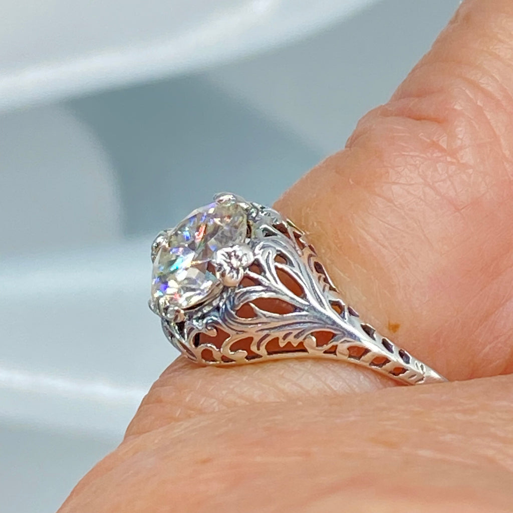 Lab Moissanite Faux diamond ring with swirl antique floral sterling silver filigree, Silver Embrace Jewelry, D198, coffee Ring