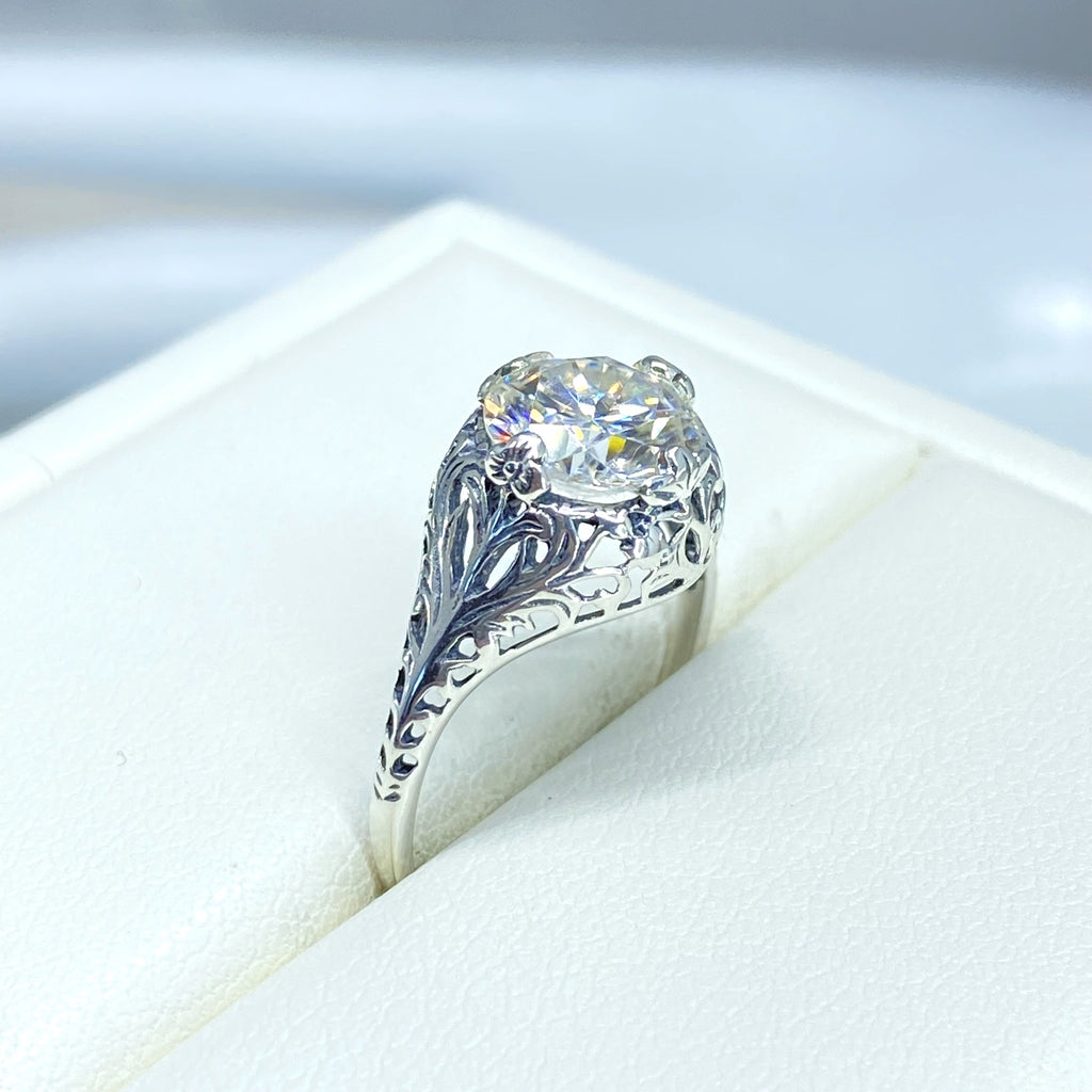 Lab Moissanite Faux diamond ring with swirl antique floral sterling silver filigree, Silver Embrace Jewelry, D198, coffee Ring