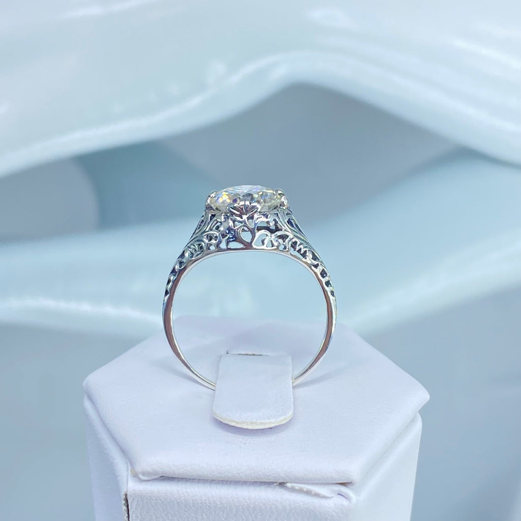 Lab Moissanite Faux diamond ring with swirl antique floral sterling silver filigree, Silver Embrace Jewelry, D198, coffee Ring