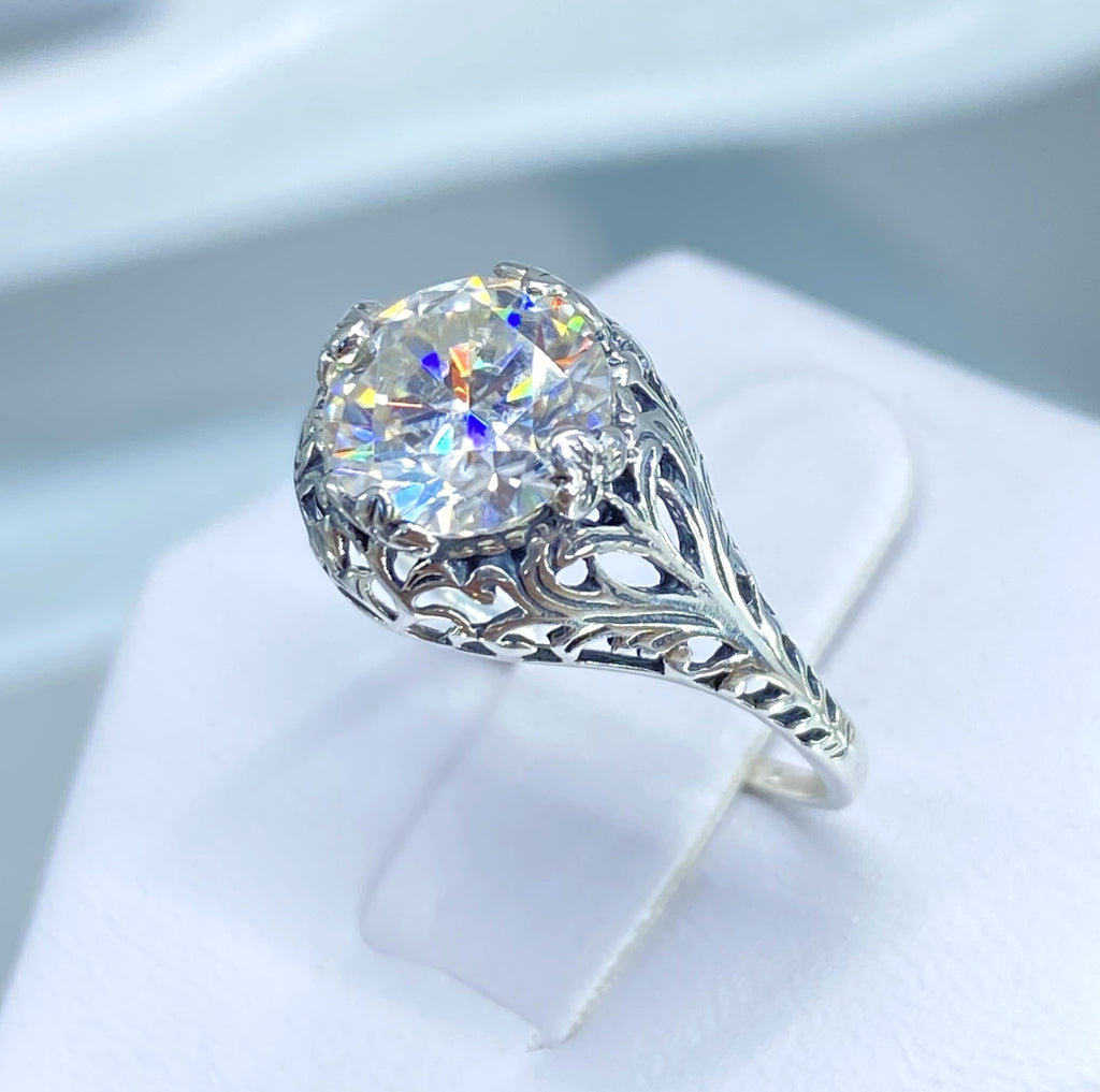 Lab Moissanite Faux diamond ring with swirl antique floral sterling silver filigree, Silver Embrace Jewelry, D198, coffee Ring