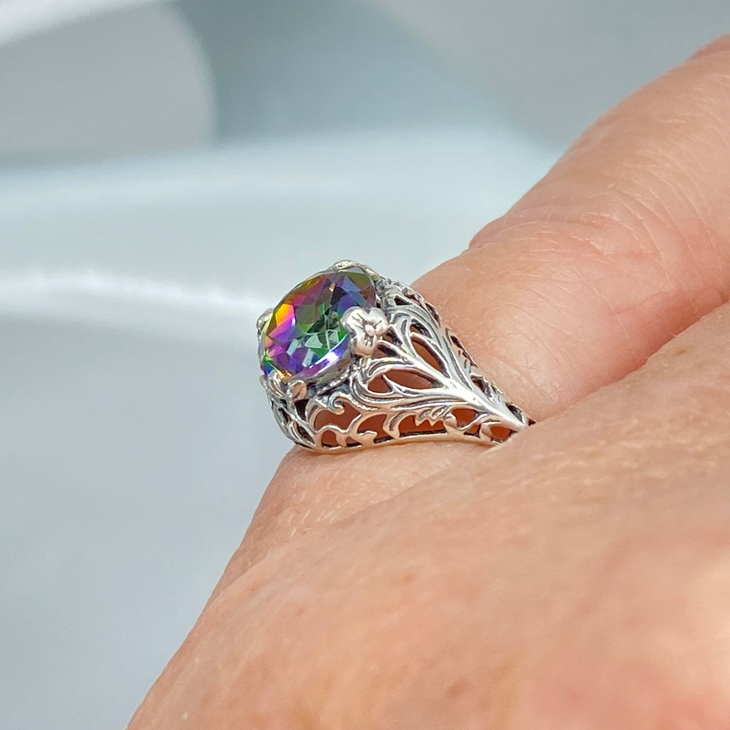 mystic topaz ring, solitaire ring with swirl filigree, antique floral sterling silver filigree, Coffee Ring, Silver Embrace Jewelry, D198