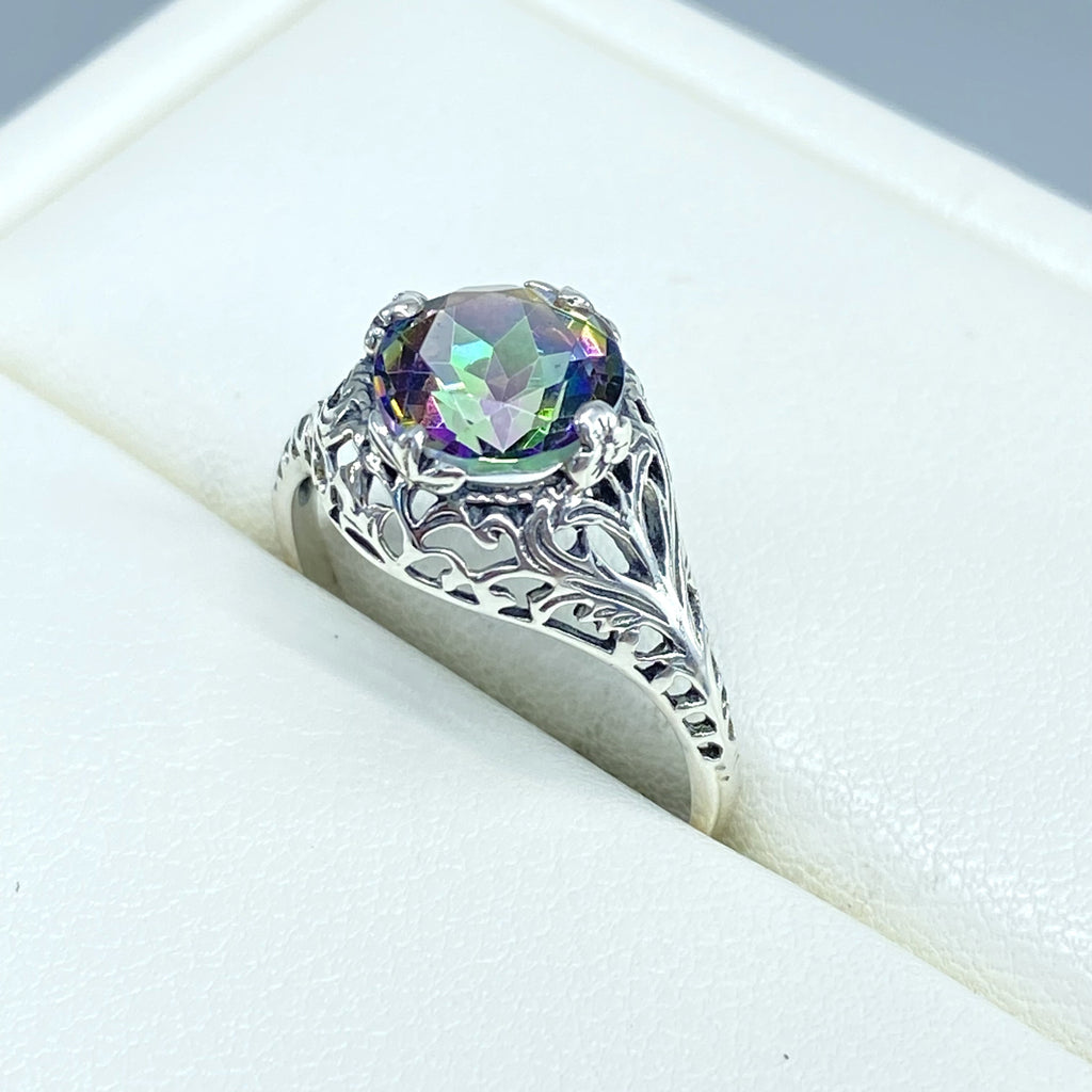 mystic topaz ring, solitaire ring with swirl filigree, antique floral sterling silver filigree, Coffee Ring, Silver Embrace Jewelry, D198