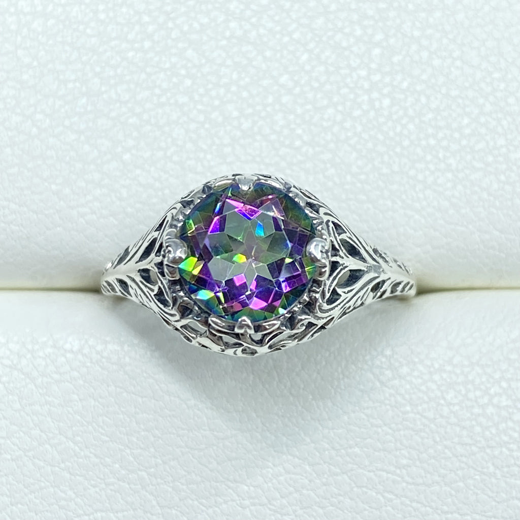 mystic topaz ring, solitaire ring with swirl filigree, antique floral sterling silver filigree, Coffee Ring, Silver Embrace Jewelry, D198