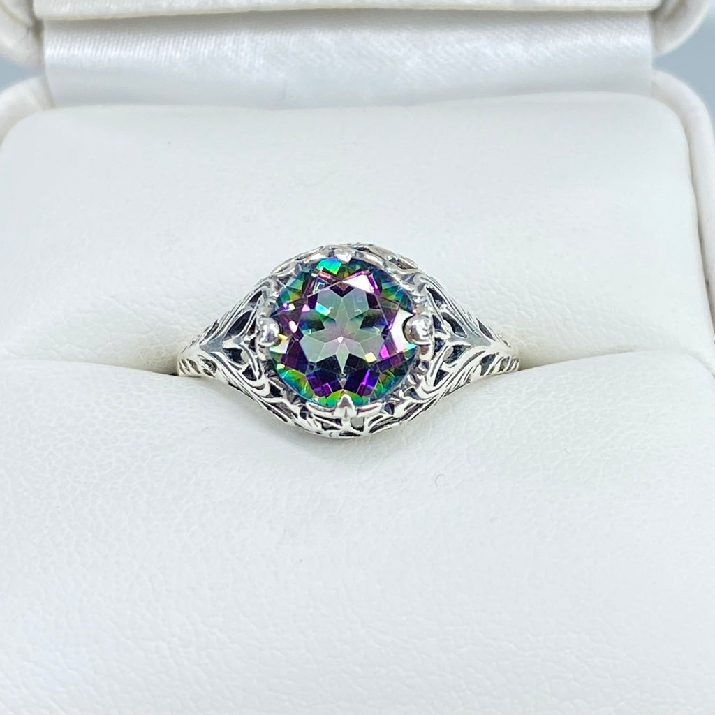 mystic topaz ring, solitaire ring with swirl filigree, antique floral sterling silver filigree, Coffee Ring, Silver Embrace Jewelry, D198